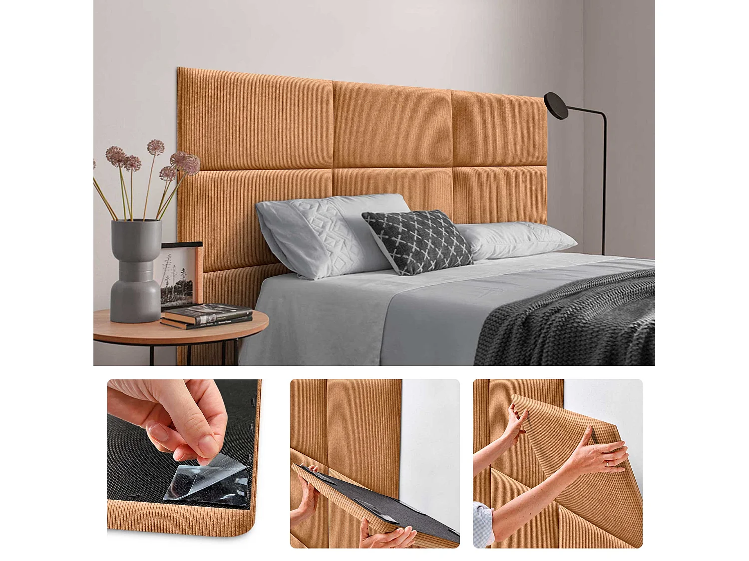 DHOME Lot de 8 Panneaux Rembourrés en Velours Côtelé Premium Autocollants pour Mur Acoustiques Absorbants (Orange, 50x30cm, x8)