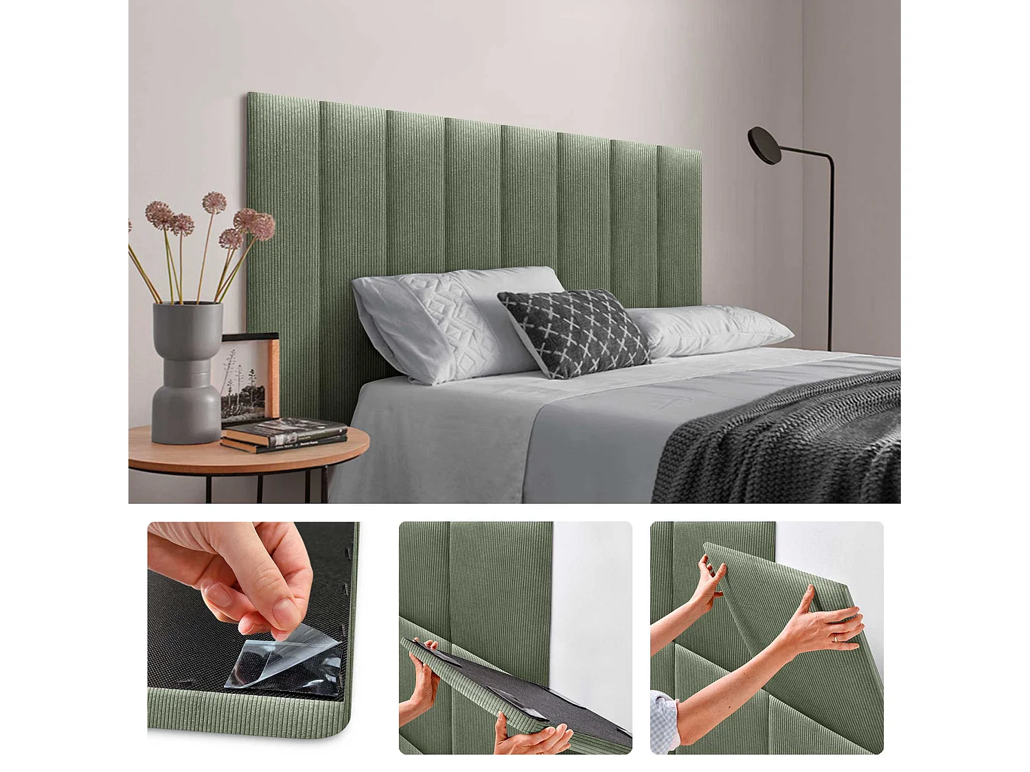 DHOME Lot de 6 Panneaux Rembourrés en Velours Côtelé Premium Autocollants pour Mur Acoustiques Absorbants (Vert Forêt, 60x20cm, x6)