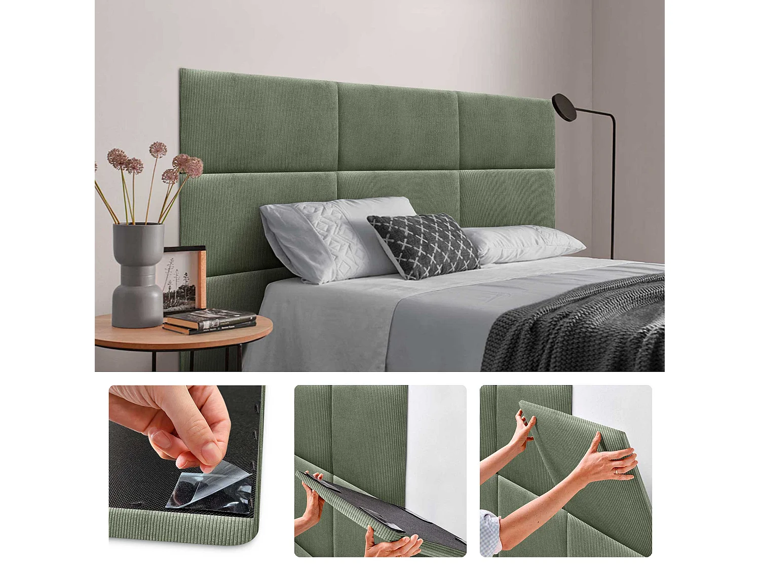 DHOME Lot de 8 Panneaux Rembourrés en Velours Côtelé Premium Autocollants pour Mur Acoustiques Absorbants (Vert Forêt, 50x30cm, x8)