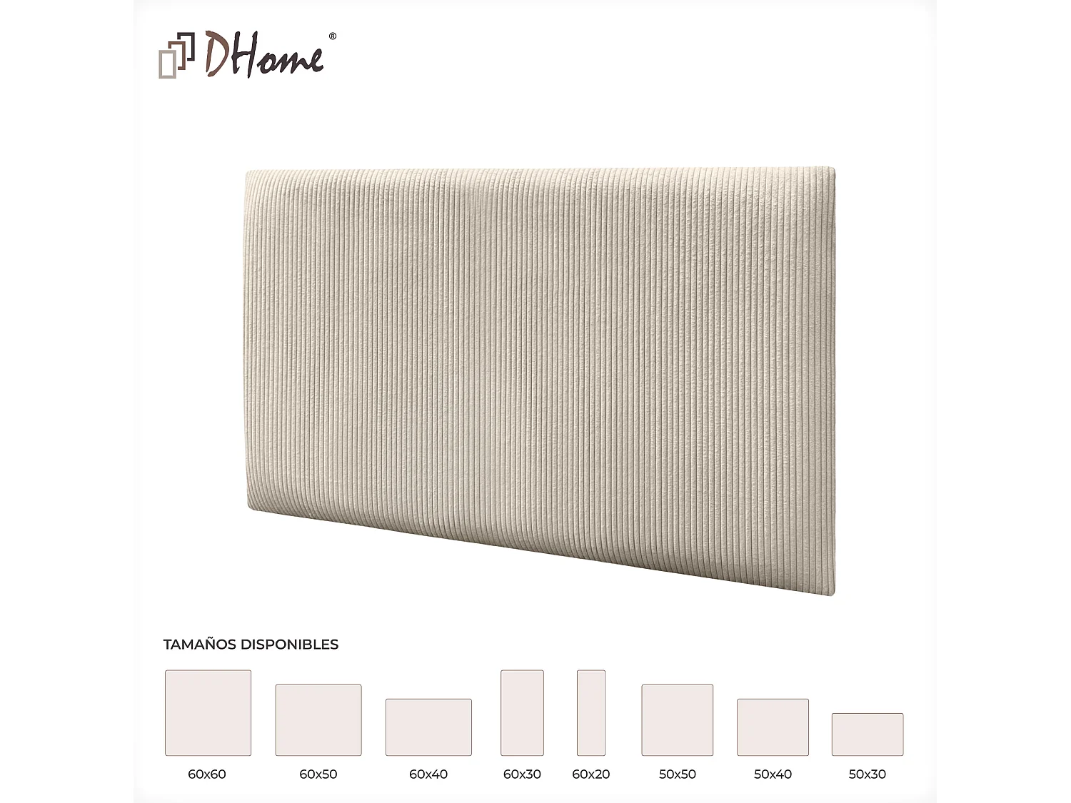 DHOME Lot de 1 Panneau Rembourré en Velours Côtelé Premium Autocollant pour Mur Acoustique Absorbant (Beige, 50x40cm, x1)