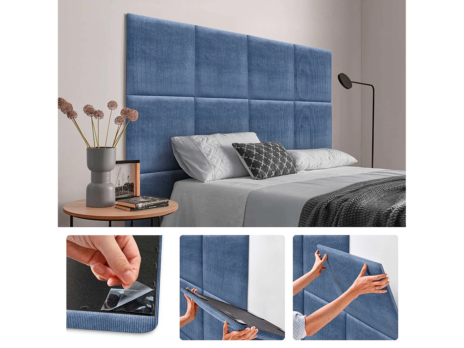DHOME Lot de 1 Panneau Rembourré en Velours Côtelé Premium Autocollant pour Mur Acoustique Absorbant (Bleu, 60x60cm, x1)