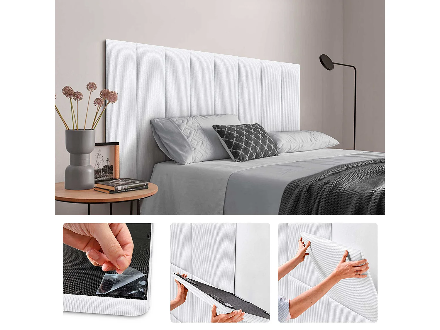 DHOME Lot de 1 Panneau Rembourré en Velours Côtelé Premium Autocollant pour Mur Acoustique Absorbant (Blanc, 60x20cm, x1)