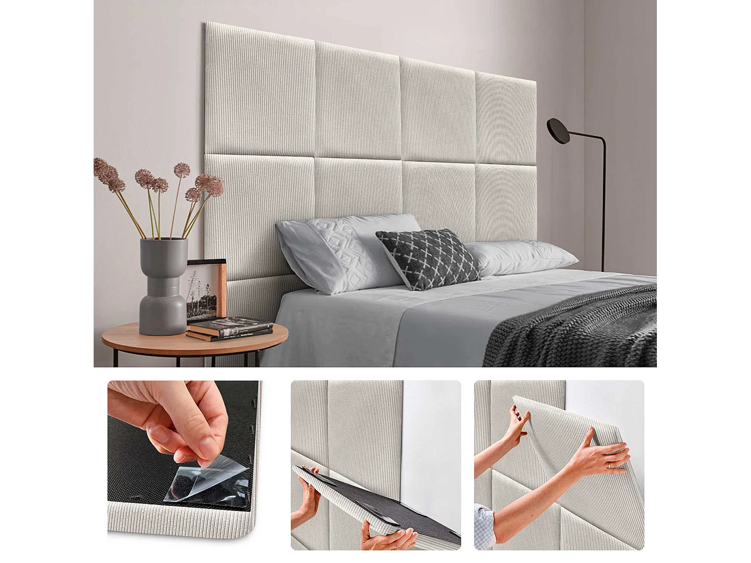 DHOME Panneaux en Velours Premium Autoadhésifs pour Mur Acoustiques Absorbants Protection Contre les Impacts Têtes de Lit (Blanc Cassé, 60x60cm)