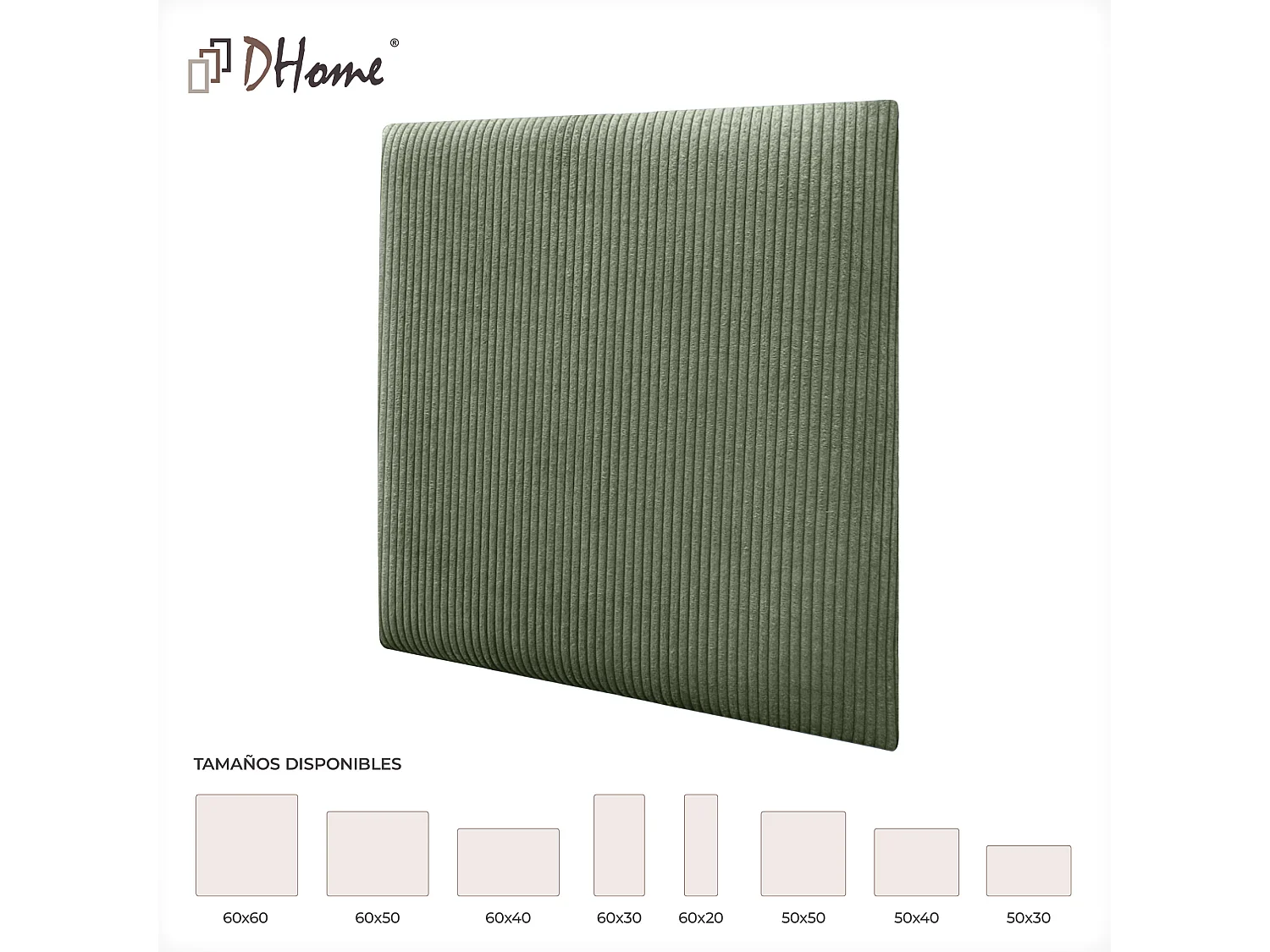 DHOME Set aus 1 gepolsterten Premium-Cord-Panel mit selbstklebender Rückseite für Wände – Akustisch absorbierend, Stoßschutz (Dschungelgrün, 50x50cm, x1)