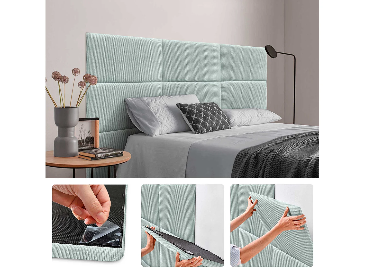 DHOME Panneaux en Velours Premium Autoadhésifs pour Mur Acoustiques Absorbants Protection Contre les Impacts Têtes de Lit (Vert d’Eau, 50x40cm)