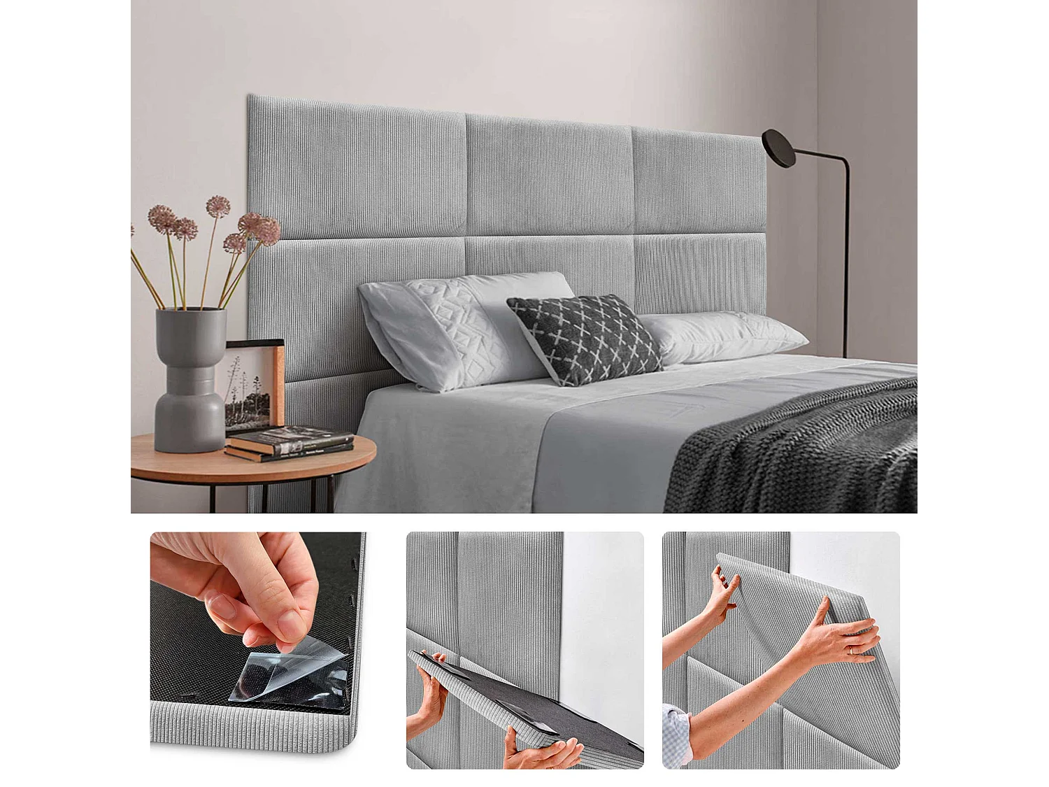 DHOME Lot de 8 Panneaux Rembourrés en Velours Côtelé Premium Autocollants pour Mur Acoustiques Absorbants (Gris, 60x50cm, x8)