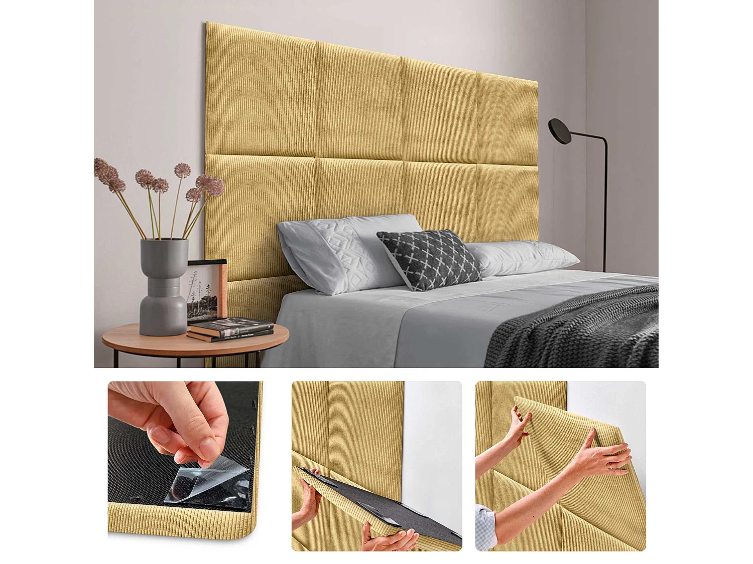 DHOME Lot de 1 Panneau Rembourré en Velours Côtelé Premium Autocollant pour Mur Acoustique Absorbant (Moutarde, 60x60cm, x1)