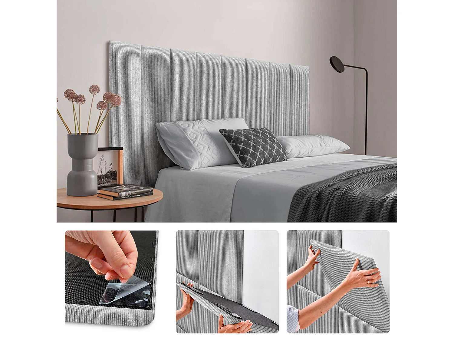 DHOME Set mit 1 gepolstertem Premium-Samt-Panel, selbstklebend für Wände, schallabsorbierend, stoßfest, Kopfteil-Schutz (Grau, 60x20cm, x6)