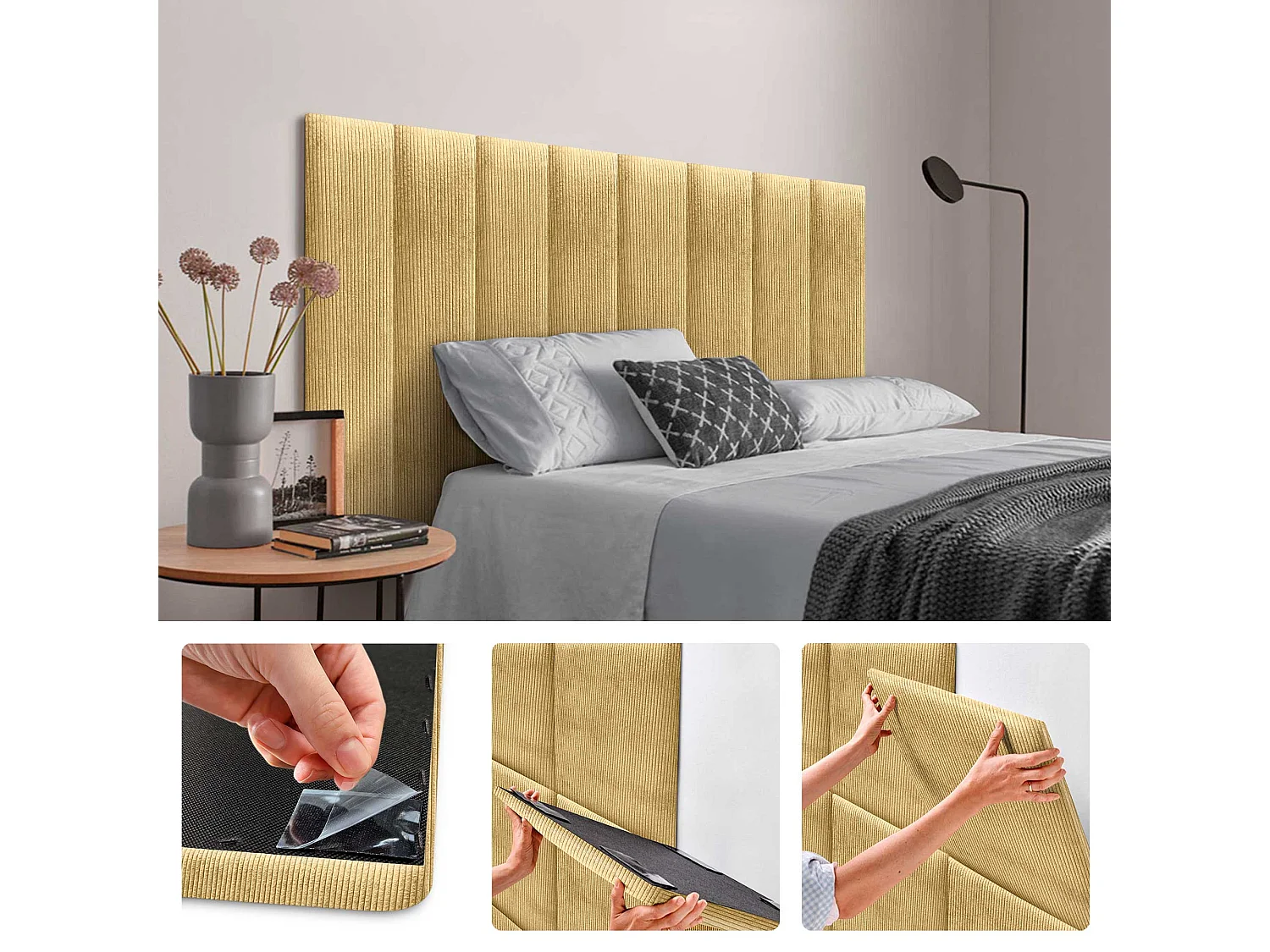 DHOME Set aus 8 gepolsterten Premium-Cord-Paneelen mit selbstklebender Rückseite für Wände – Akustisch absorbierend, Stoßschutz (Senfgelb, 60x30cm, x8)