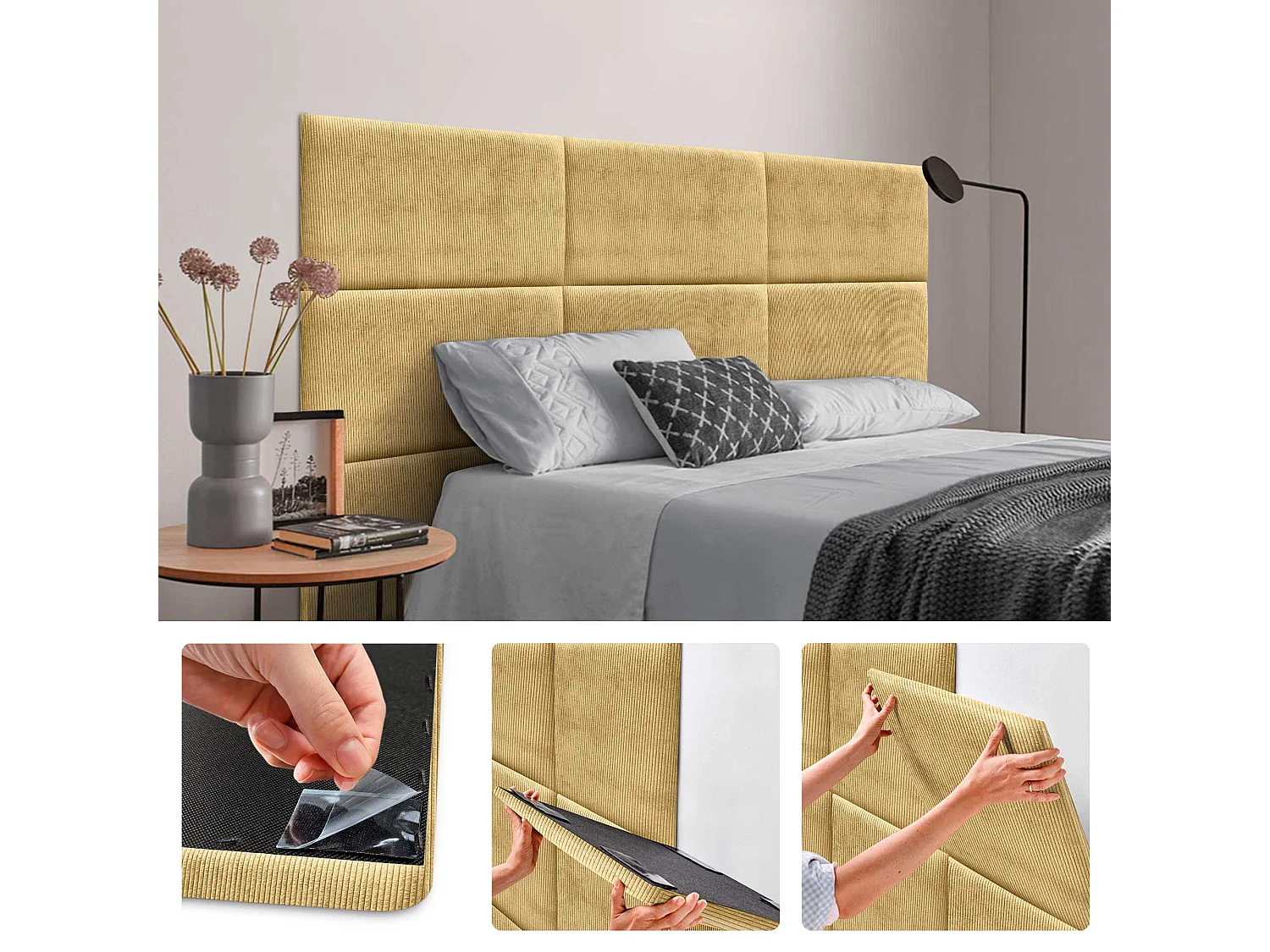 DHOME Set aus 1 gepolsterten Premium-Cord-Panel mit selbstklebender Rückseite für Wände – Akustisch absorbierend, Stoßschutz (Senfgelb, 60x40cm, x1)