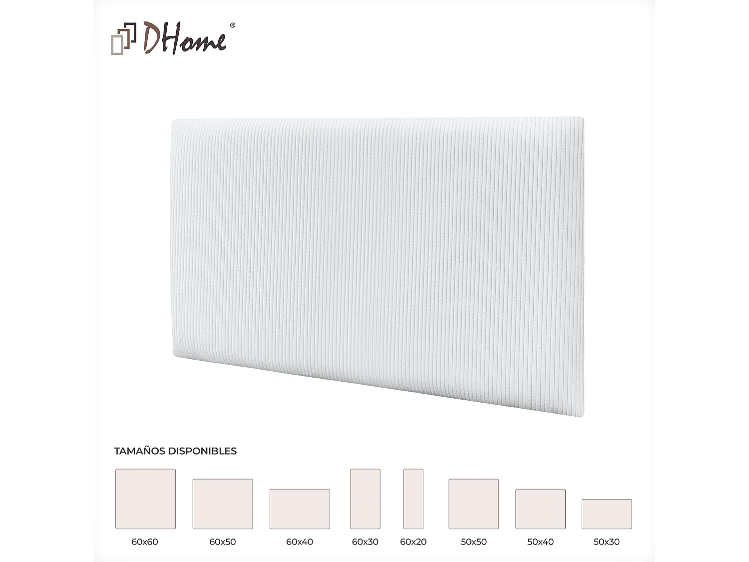 DHOME Lot de 8 Panneaux Rembourrés en Velours Côtelé Premium Autocollants pour Mur Acoustiques Absorbants (Blanc, 60x40cm, x8)