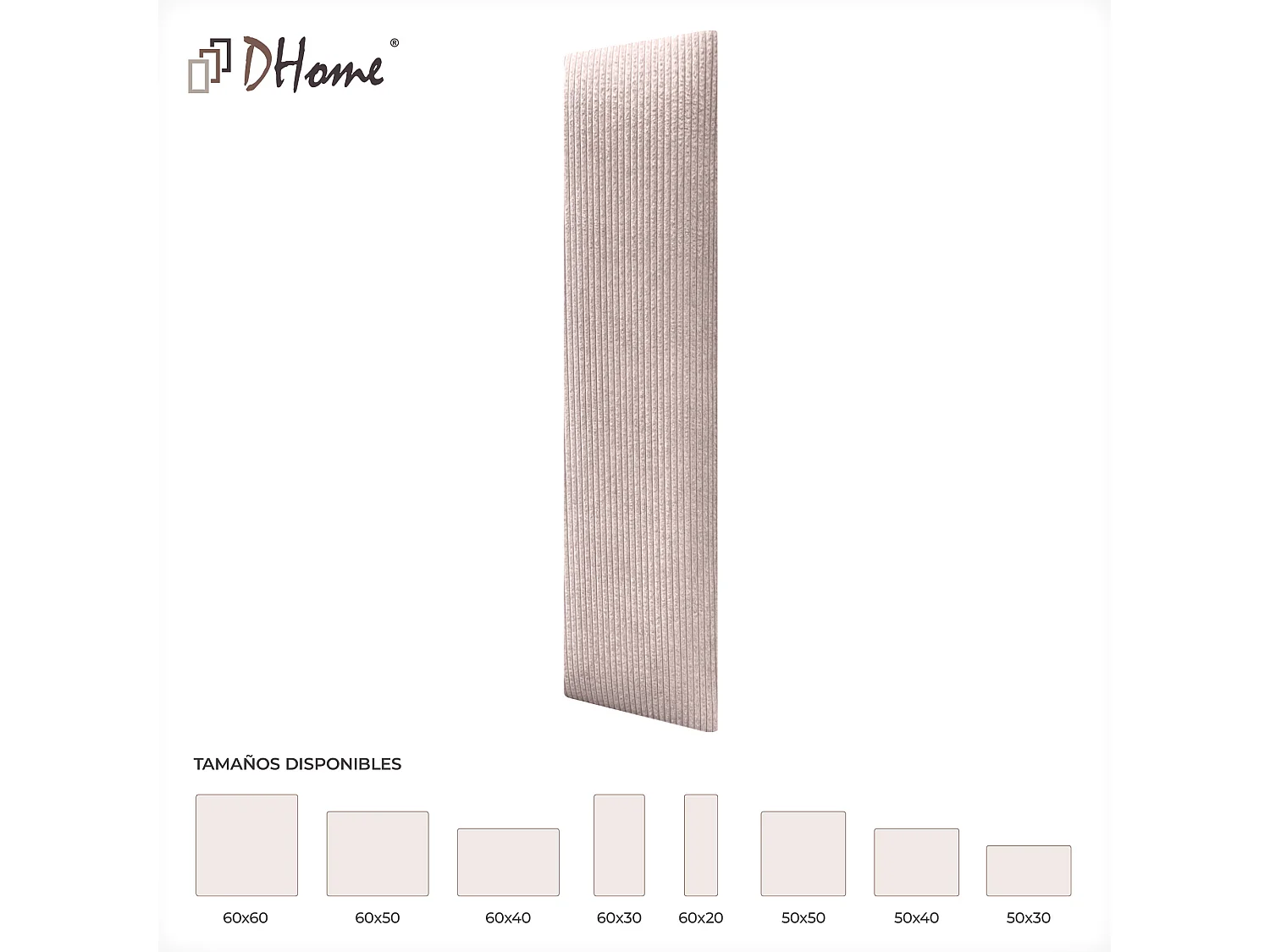 DHOME Set aus 1 gepolsterten Premium-Cord-Panel mit selbstklebender Rückseite für Wände – Akustisch absorbierend, Stoßschutz (Rosa Palo, 60x20cm, x1)