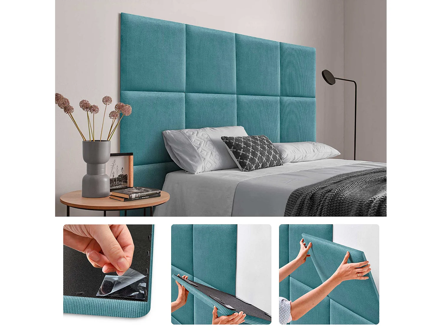 DHOME Panneaux en Velours Premium Autoadhésifs pour Mur Acoustiques Absorbants Protection Contre les Impacts Têtes de Lit (Turquoise, 60x60cm)