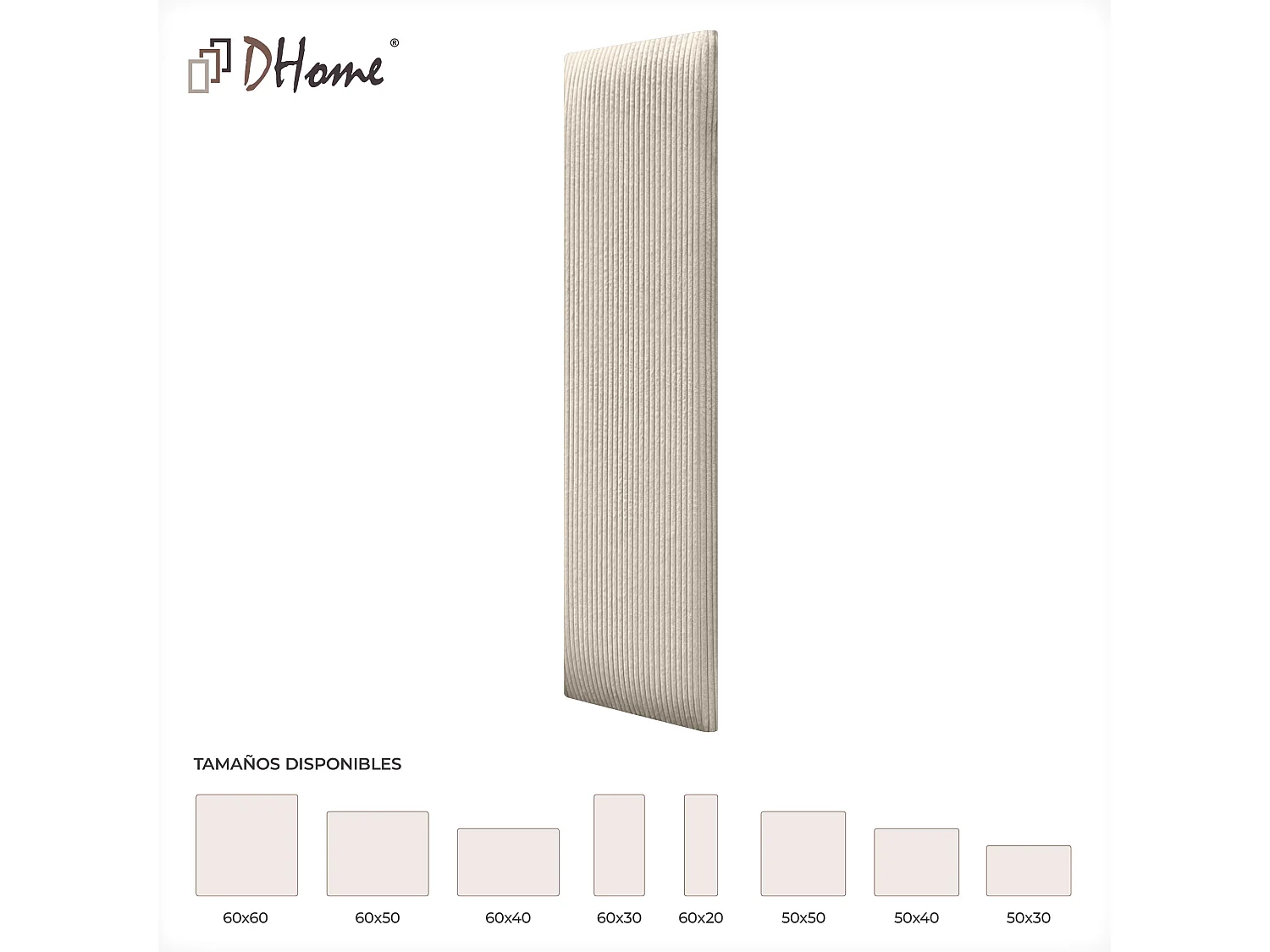 DHOME Set mit 6 gepolsterten Premium-Samt-Paneelen, selbstklebend für Wände, schallabsorbierend, stoßfest, Kopfteil-Schutz (Beige, 60x20cm, x6)