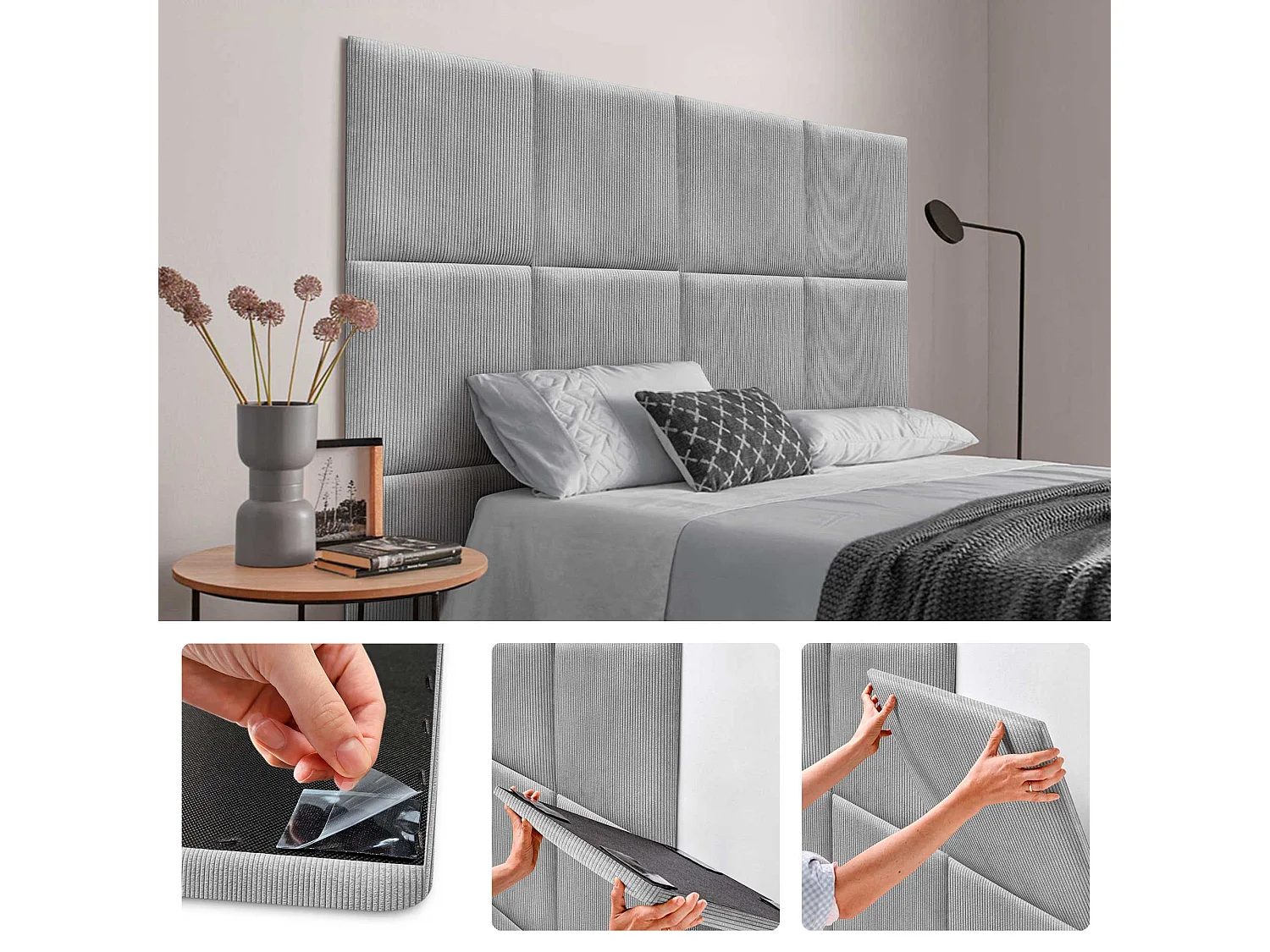 DHOME Lot de 6 Panneaux Rembourrés en Velours Côtelé Premium Autocollants pour Mur Acoustiques Absorbants (Gris, 60x60cm, x6)