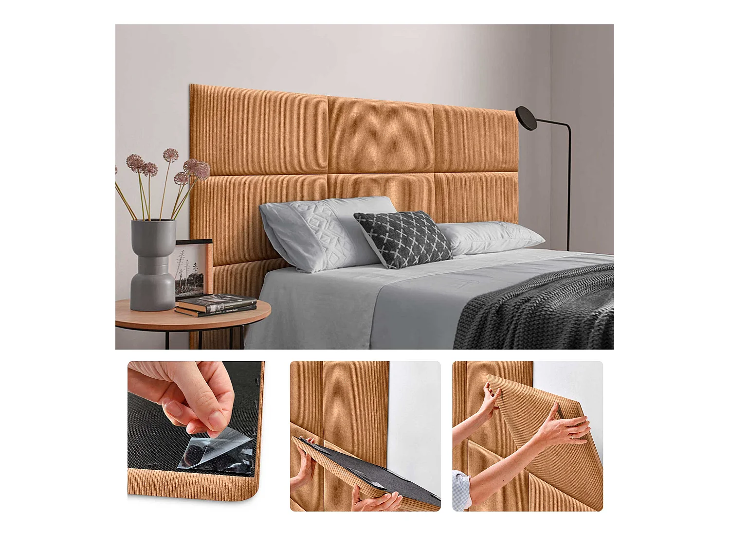 DHOME Lot de 6 Panneaux Rembourrés en Velours Côtelé Premium Autocollants pour Mur Acoustiques Absorbants (Orange, 50x30cm, x6)