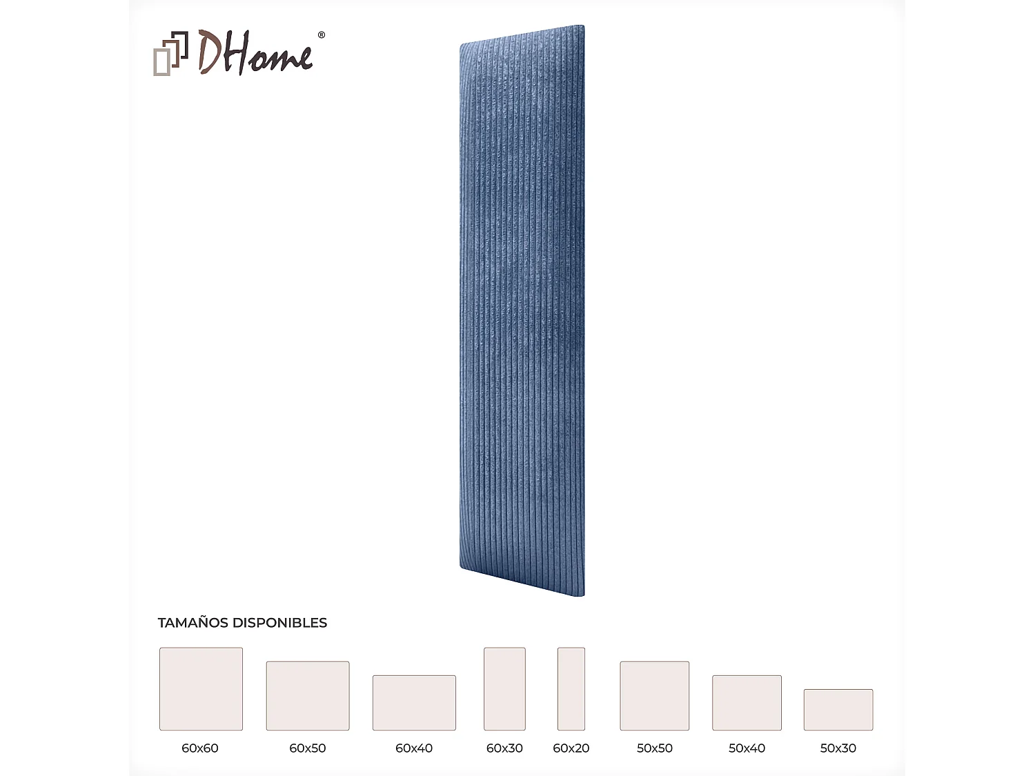 DHOME Lot de 8 Panneaux Rembourrés en Velours Côtelé Premium Autocollants pour Mur Acoustiques Absorbants (Bleu, 60x20cm, x8)