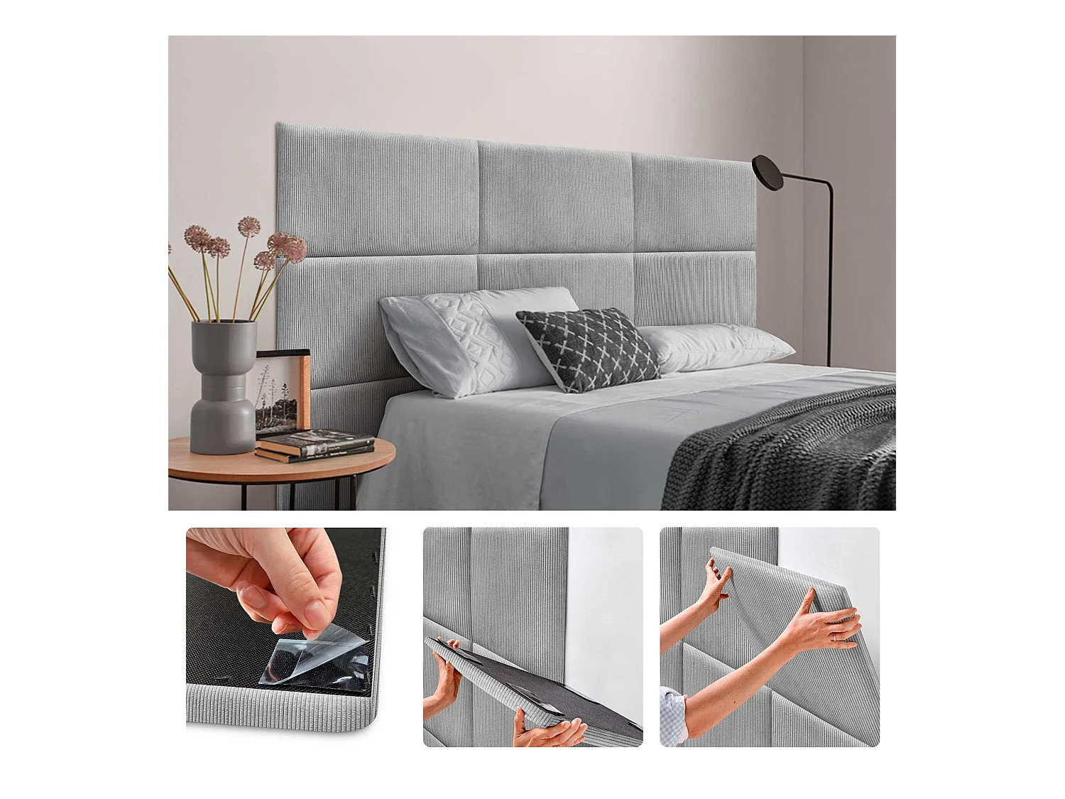 DHOME Lot de 8 Panneaux Rembourrés en Velours Côtelé Premium Autocollants pour Mur Acoustiques Absorbants (Gris, 50x40cm, x8)
