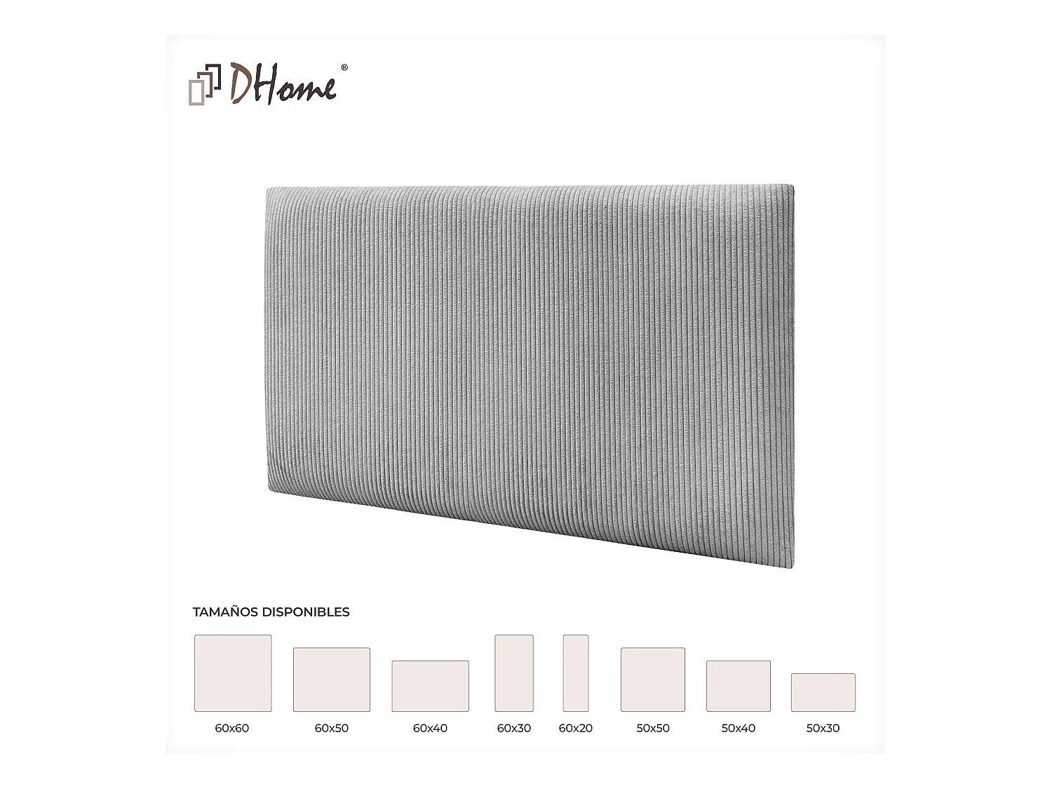 DHOME Lot de 8 Panneaux Rembourrés en Velours Côtelé Premium Autocollants pour Mur Acoustiques Absorbants (Gris, 50x40cm, x8)