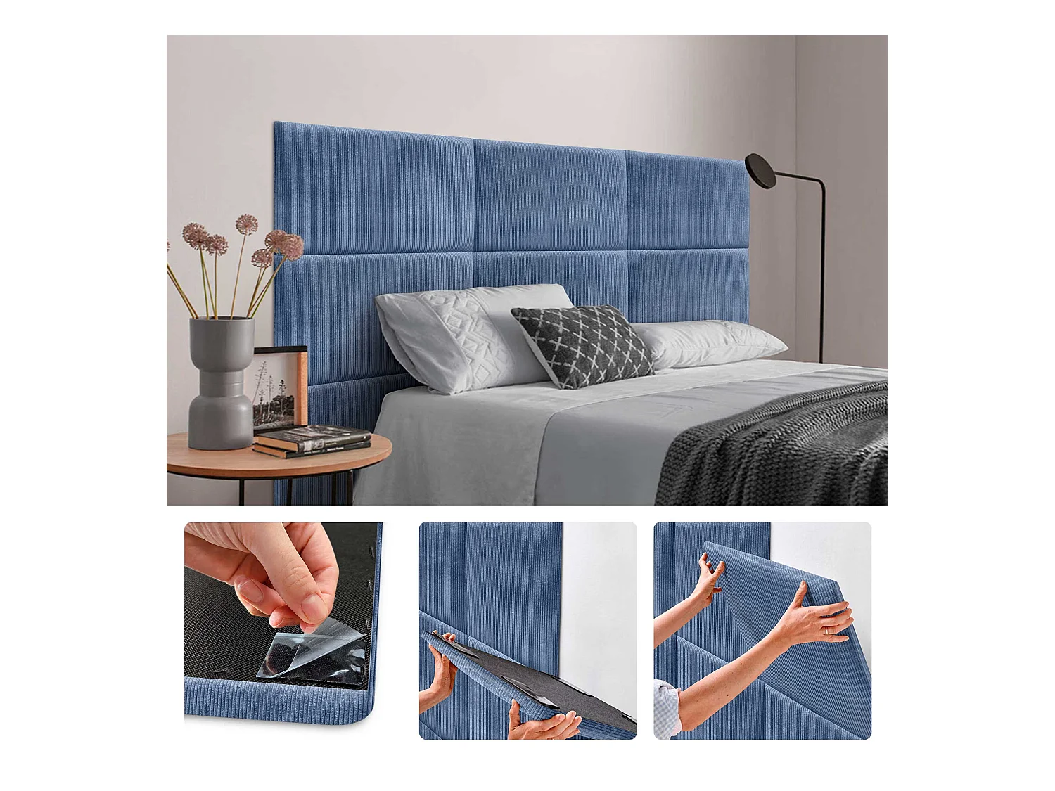 DHOME Lot de 8 Panneaux Rembourrés en Velours Côtelé Premium Autocollants pour Mur Acoustiques Absorbants (Bleu, 50x40cm, x8)