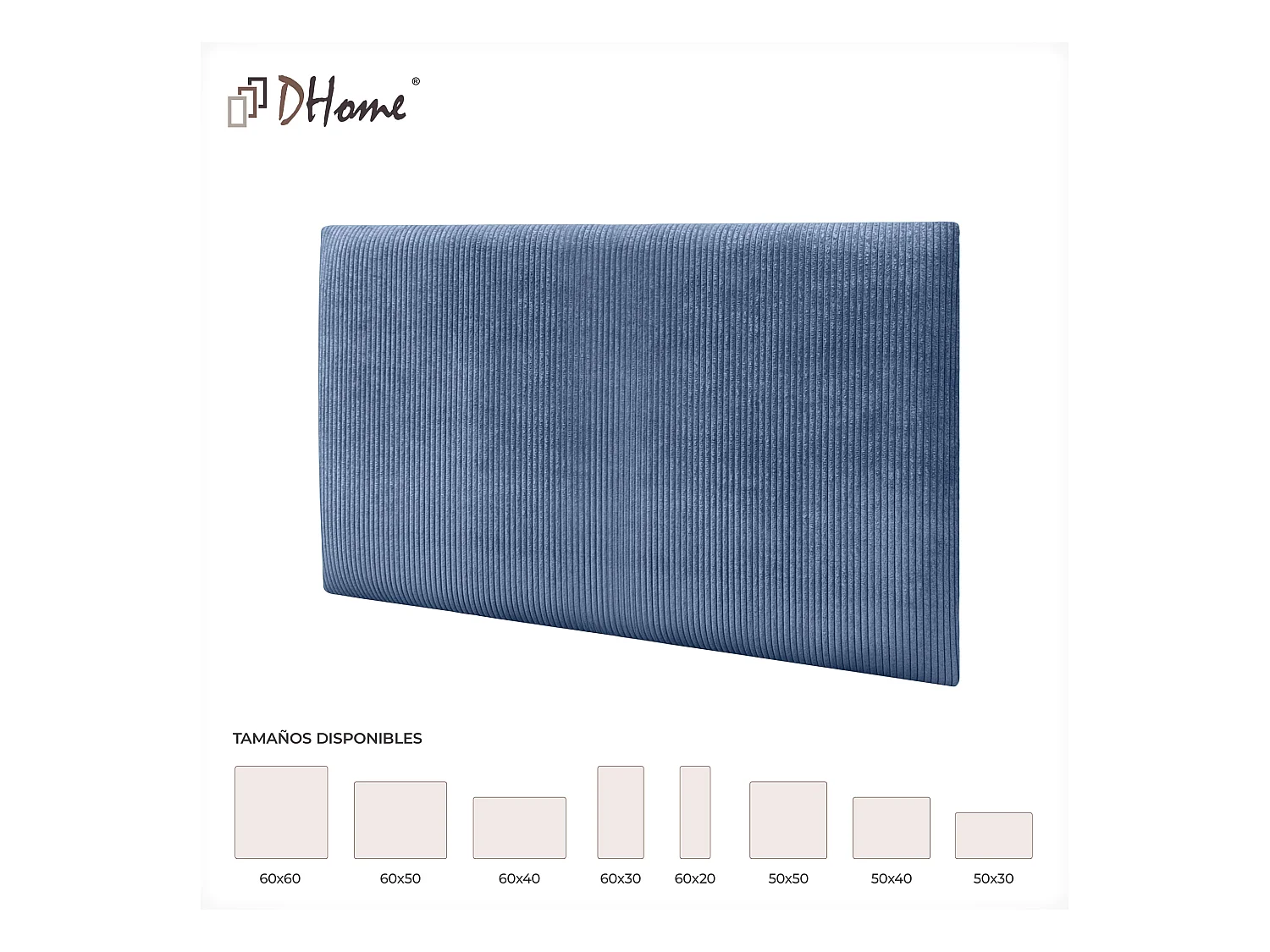 DHOME Lot de 8 Panneaux Rembourrés en Velours Côtelé Premium Autocollants pour Mur Acoustiques Absorbants (Bleu, 50x40cm, x8)