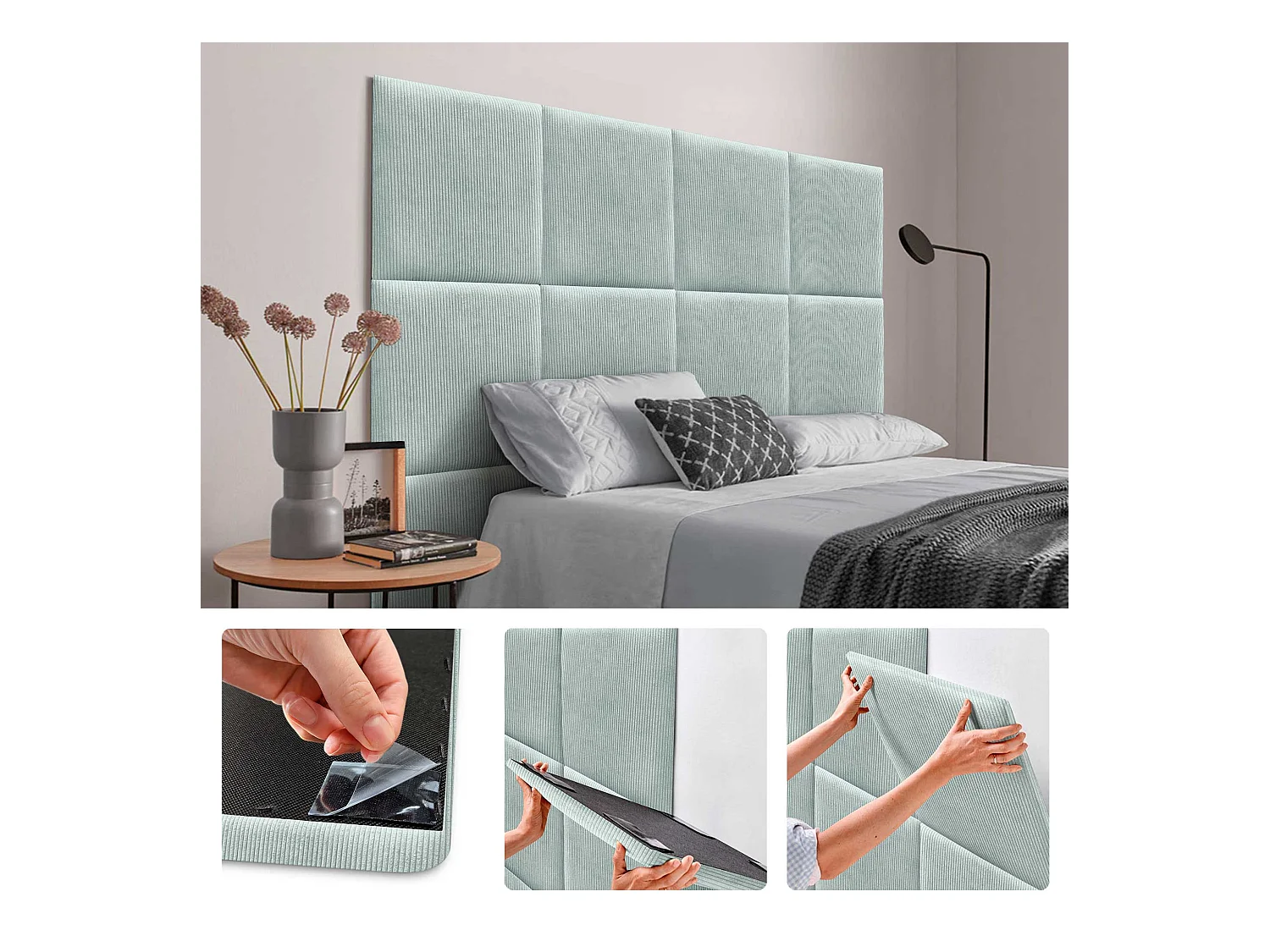 DHOME Lot de 6 Panneaux Rembourrés en Velours Côtelé Premium Autocollants pour Mur Acoustiques Absorbants (Vert Eau, 50x50cm, x6)
