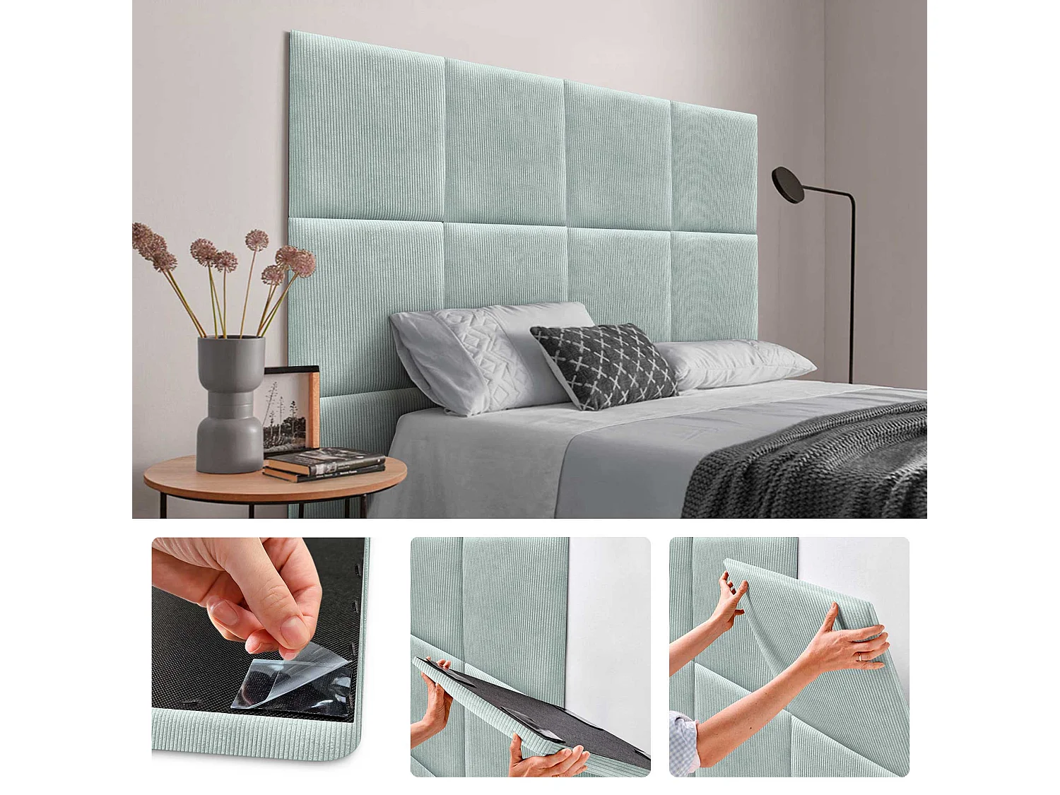 DHOME Set van 6 Premium Zelfklevende Beklede Panelen van Ribfluweel voor Muur – Geluidsabsorberend & Stootbescherming (Aqua Groen, 50x50cm, x6)