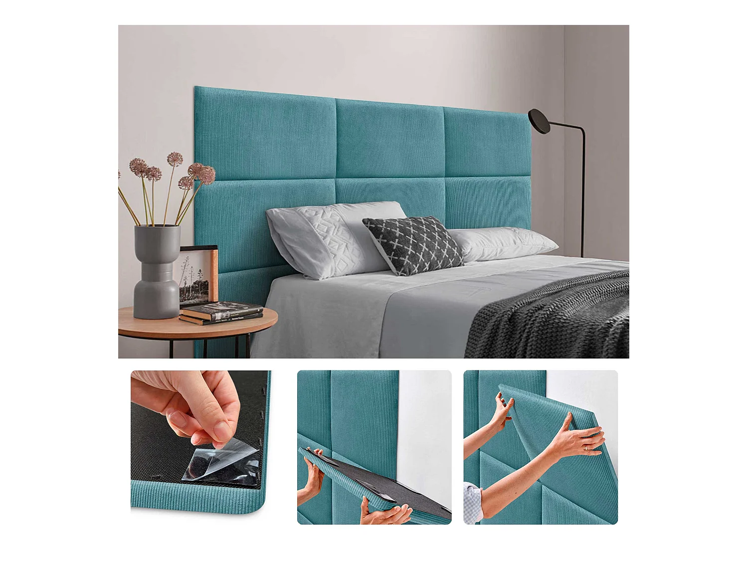 DHOME Lot de 6 Panneaux Rembourrés en Velours Côtelé Premium Autocollants pour Mur Acoustiques Absorbants (Turquoise, 50x40cm, x6)