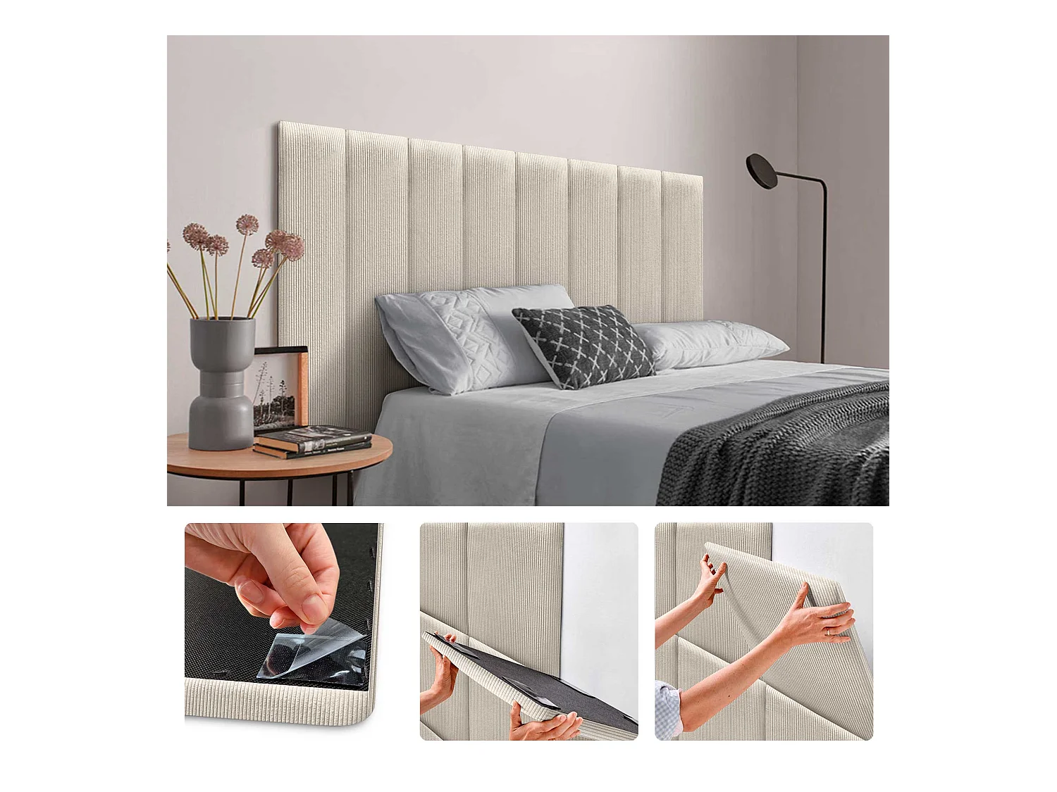 DHOME Lot de 8 Panneaux Rembourrés en Velours Côtelé Premium Autocollants pour Mur Acoustiques Absorbants (Beige, 60x20cm, x8)