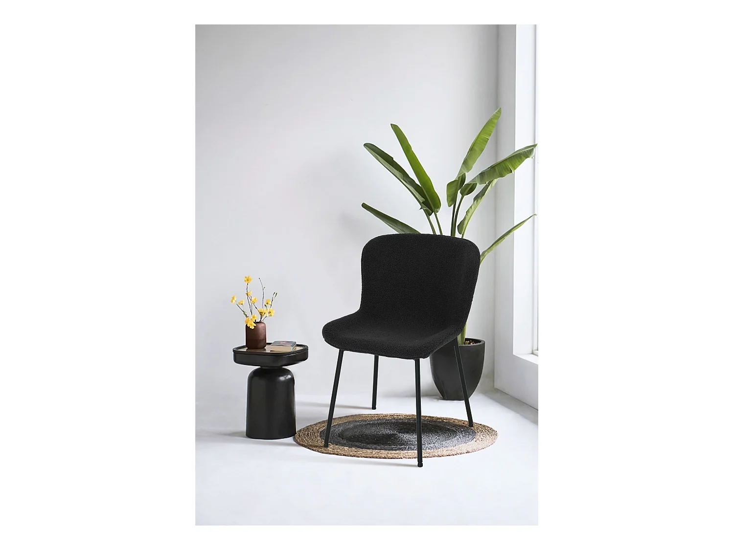 Esszimmerstuhl 2er Set Teddy - Bouclé-Stoff & Metall - Schwarz