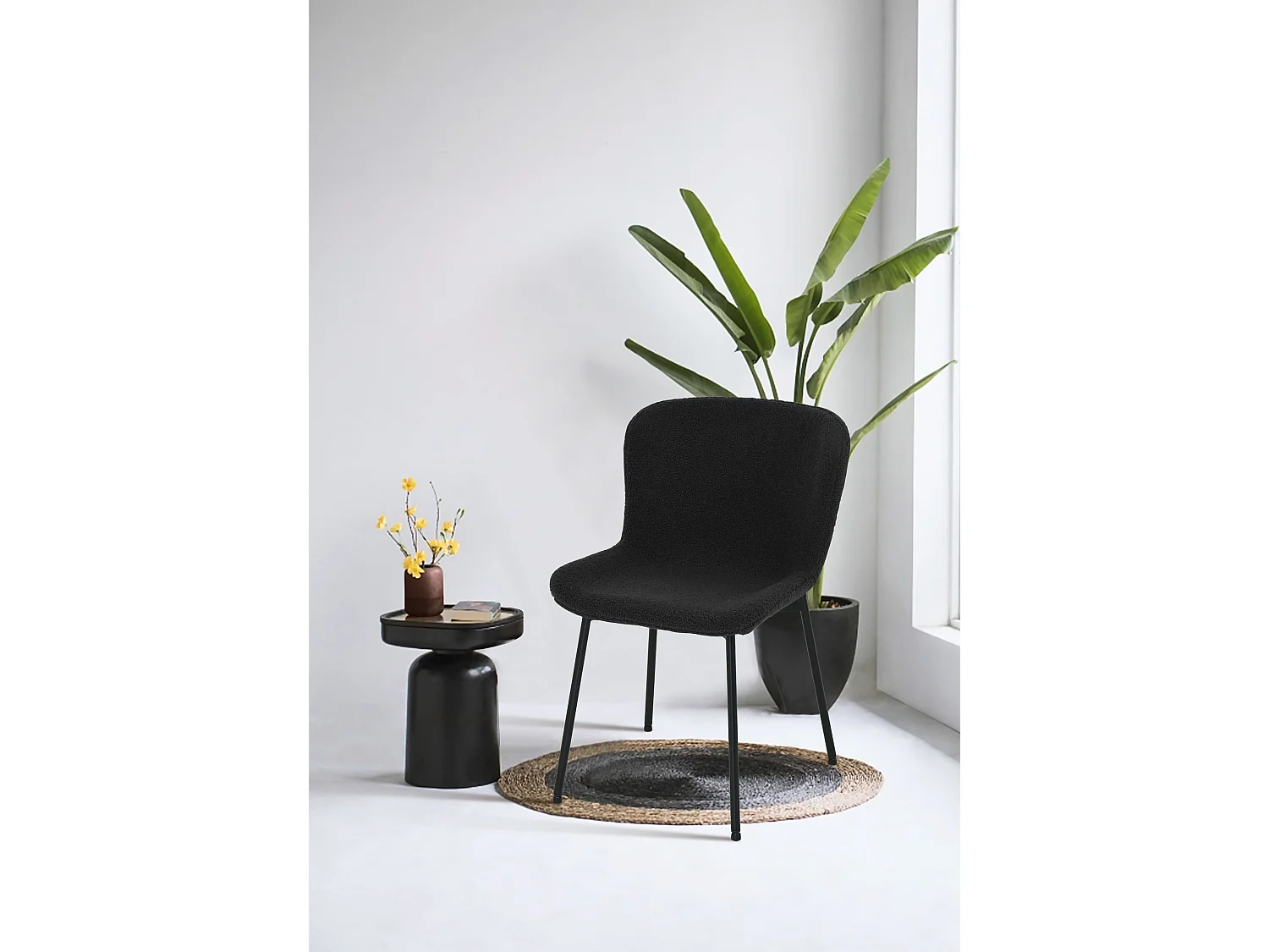 Lot de 2 chaises avec dossier Teddy - Tissu bouclé et métal - Noir