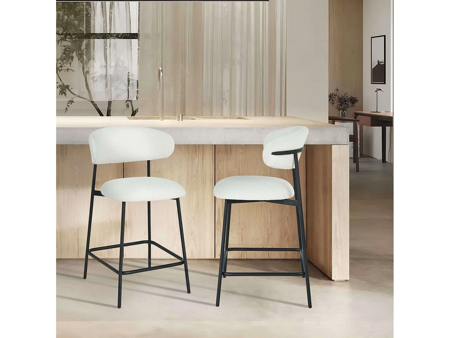 Lot de 2 chaises avec dossier Diana - Tissu bouclé et métal - Blanc