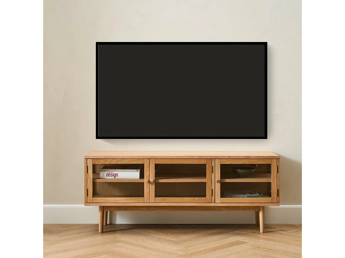 Meuble TV Svendborg - 3 portes - Chêne massif et verre - naturelle