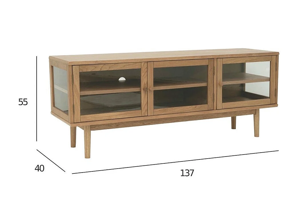 Meuble TV Svendborg - 3 portes - Chêne massif et verre - naturelle
