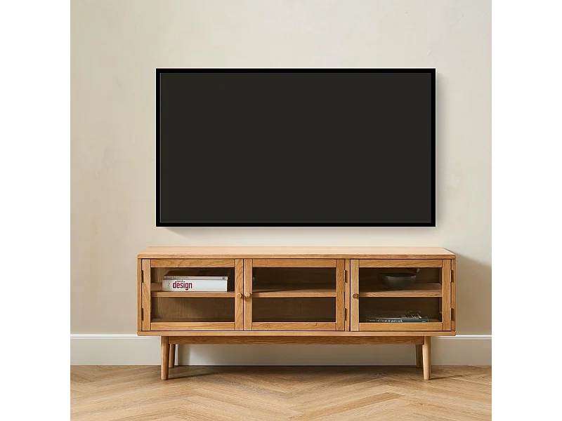 Tv-meubel Svendborg - 3 deuren, 3 planken - Massief eikenhout & glas - Natuurlijk