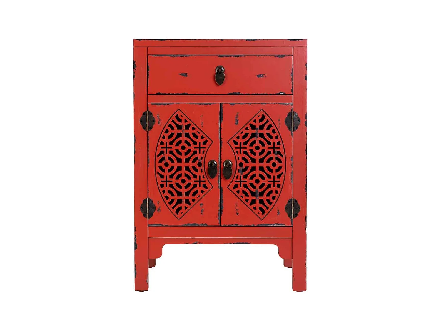 Table de chevet en bois rouge avec 1 tiroir et 2 portes 48x32x70h cm
