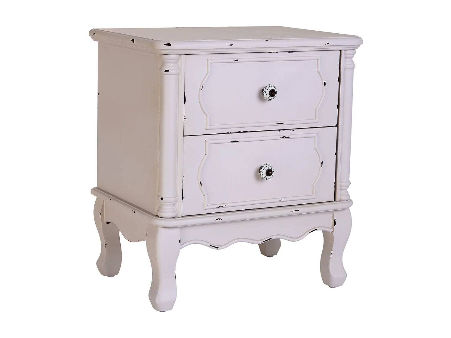 Table de chevet en bois blanc vieilli avec 2 tiroirs 50x36x55h cm