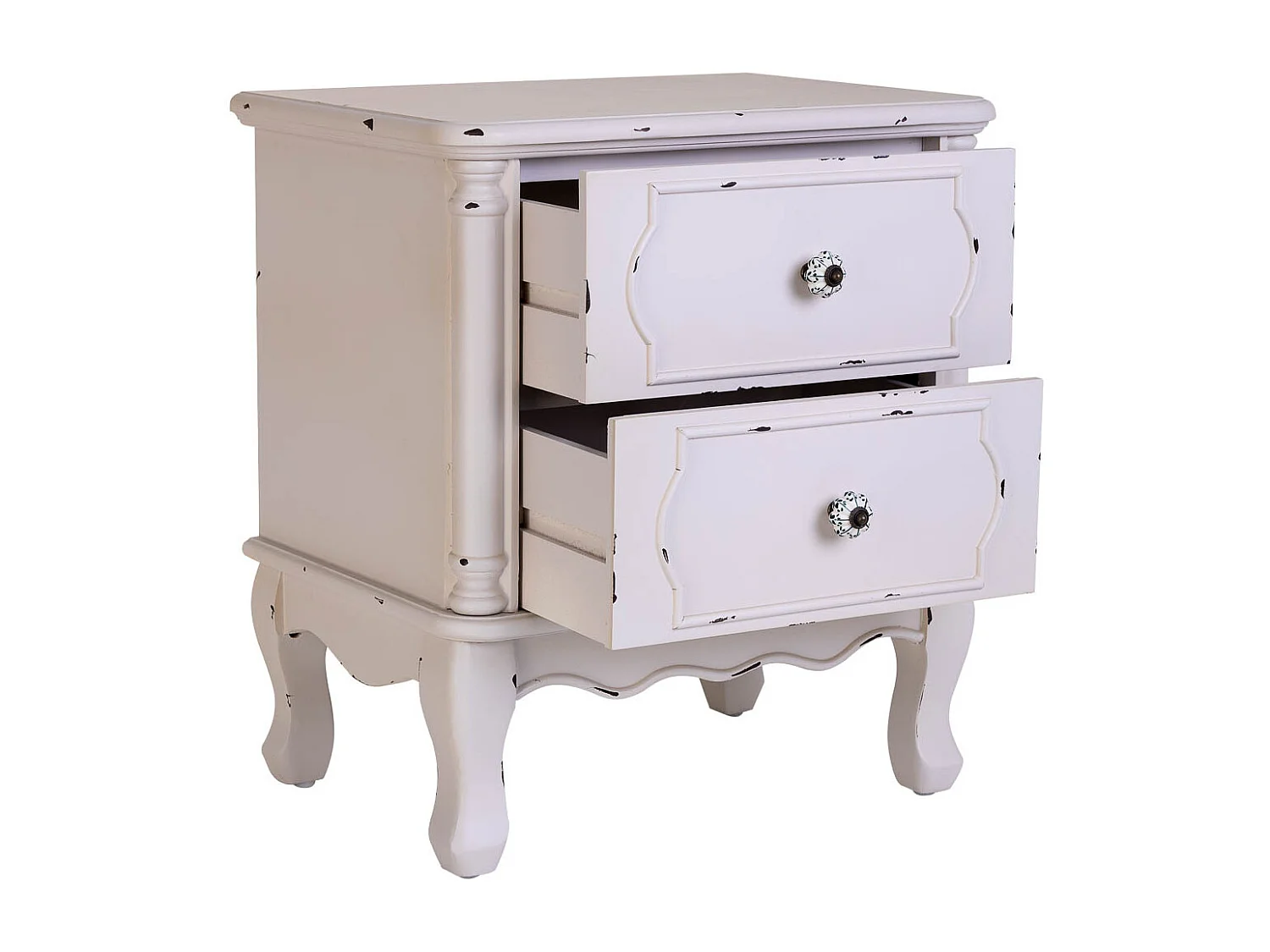 Table de chevet en bois blanc vieilli avec 2 tiroirs 50x36x55h cm