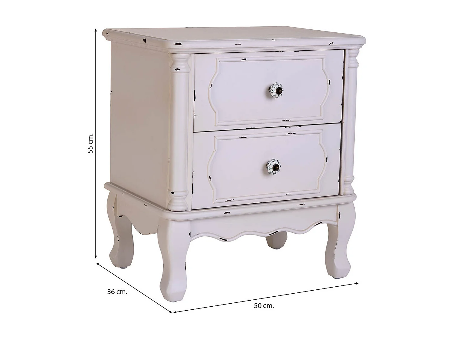 Mesita de madera blanco envejecido de 2 cajones 50x36x55h cm