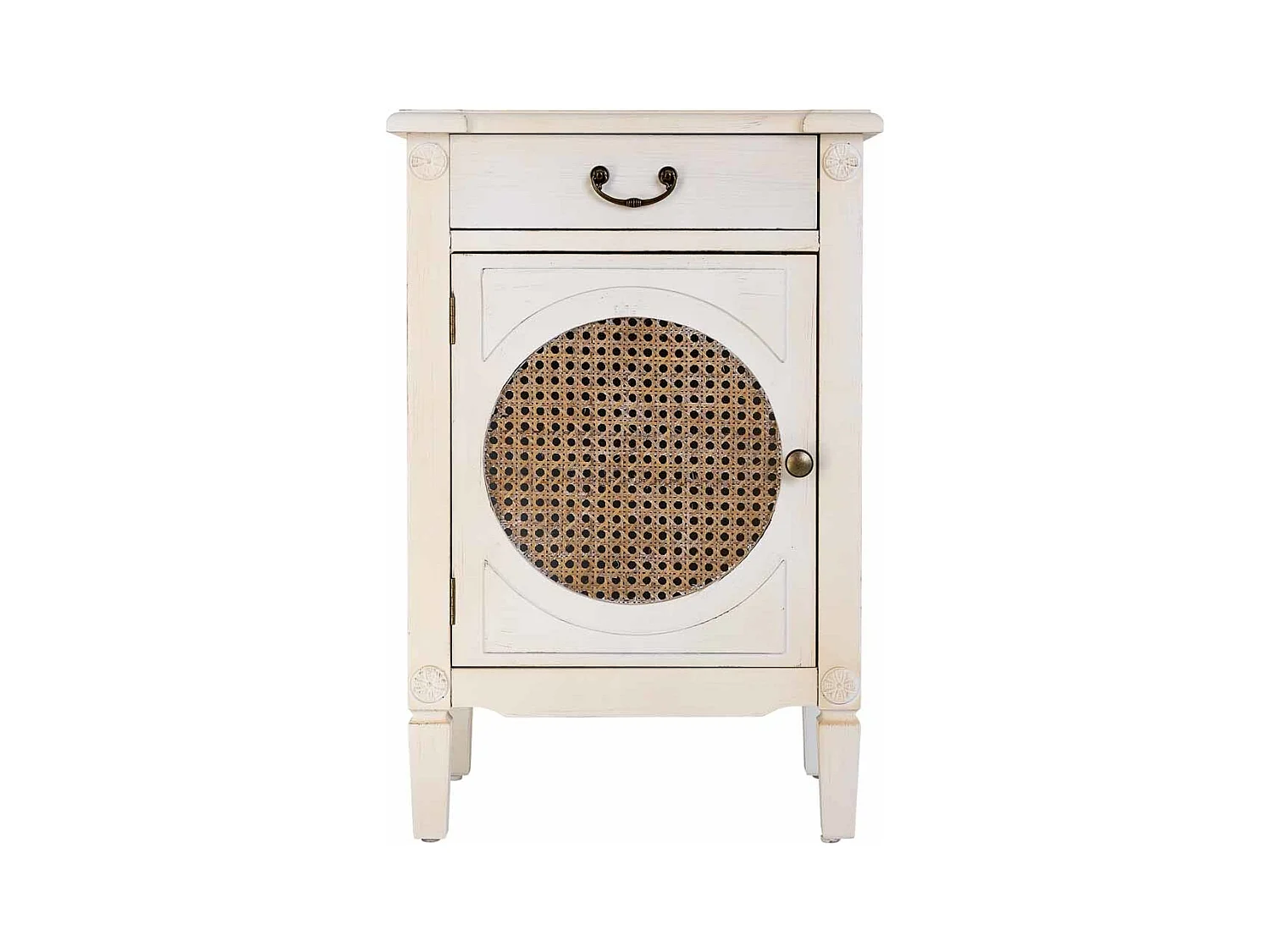 Beistelltisch aus Holz, Weiß lackiert mit Rattan, 46x36x68h cm