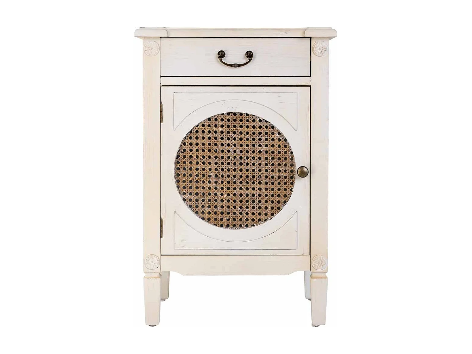 Beistelltisch aus Holz, Weiß lackiert mit Rattan, 46x36x68h cm