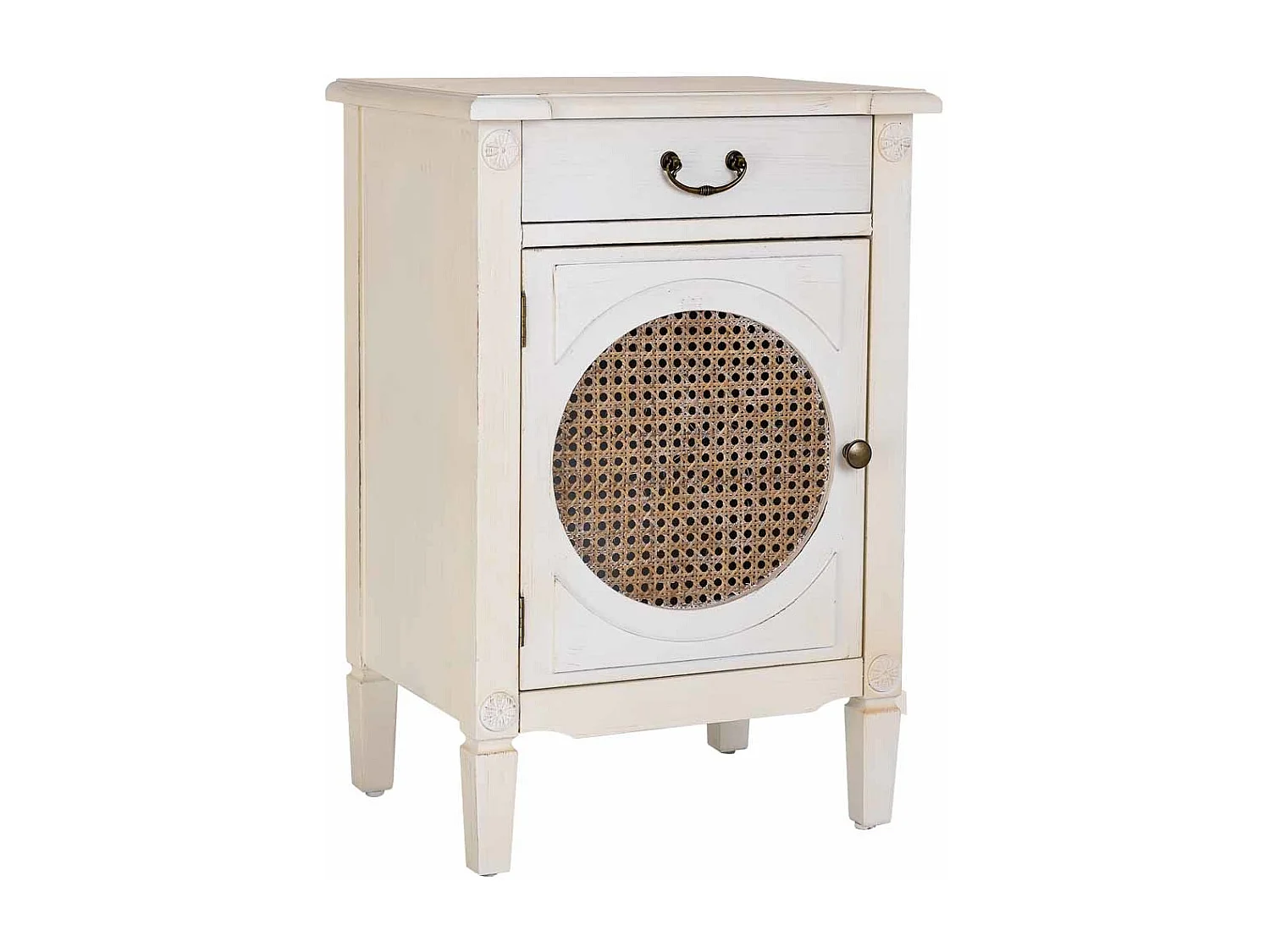 Beistelltisch aus Holz, Weiß lackiert mit Rattan, 46x36x68h cm