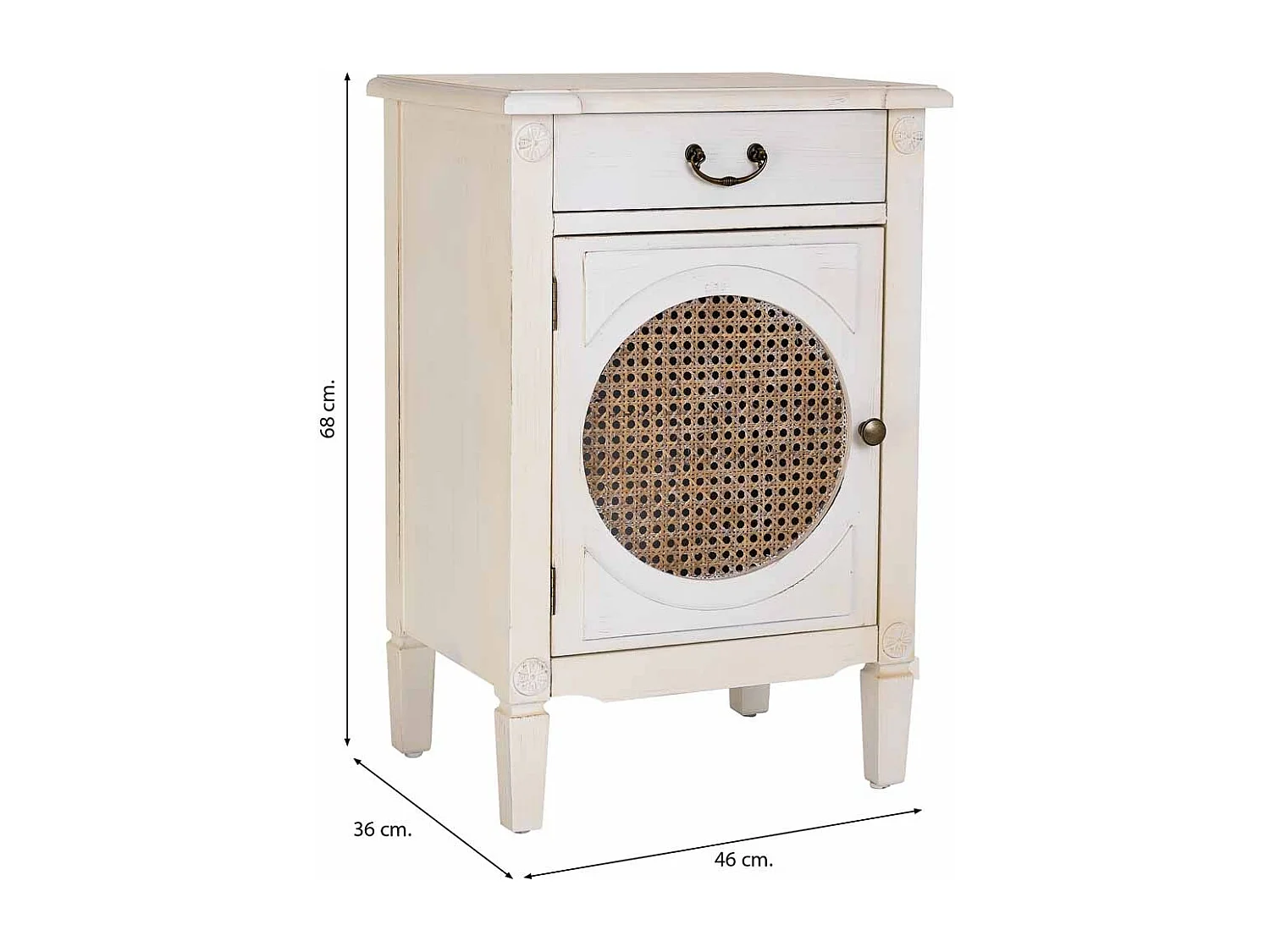 Beistelltisch aus Holz, Weiß lackiert mit Rattan, 46x36x68h cm