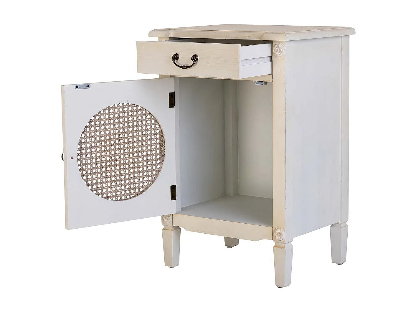 Beistelltisch aus Holz, Weiß lackiert mit Rattan, 46x36x68h cm