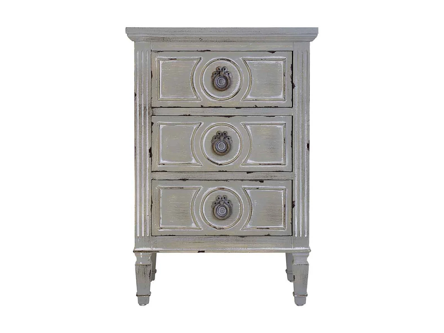 Mesa de cabeceira em madeira com três gavetas cinzento 46x32,5x67h cm