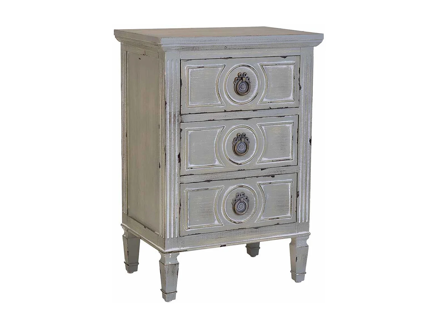 Mesa de cabeceira em madeira com três gavetas cinzento 46x32,5x67h cm