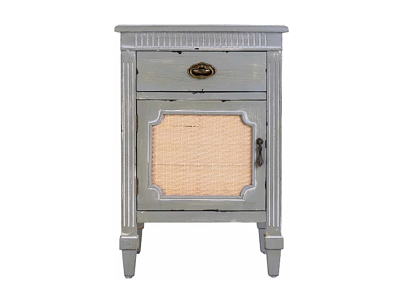 Beistelltisch aus Holz, Blau lackiert mit Rattan,  46x36x68h cm