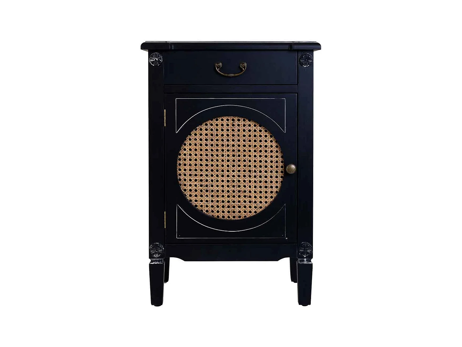 Beistelltisch aus Holz, Schwarz lackiert mit Rattan,  46x36x68h cm