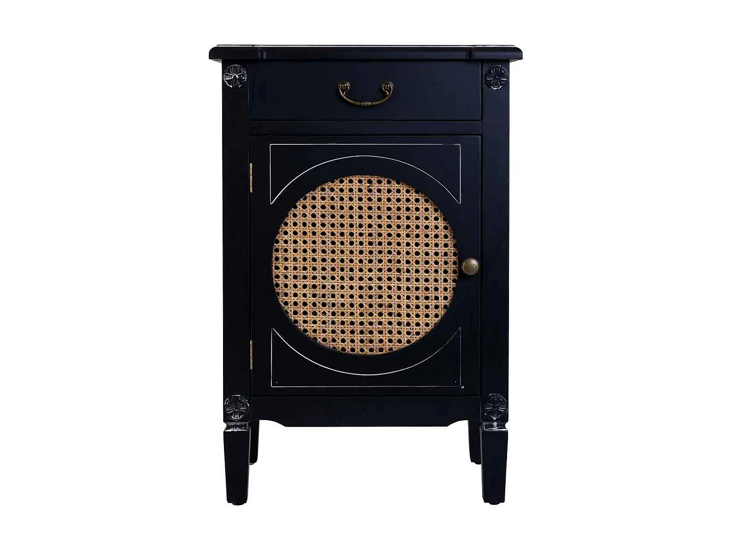 Beistelltisch aus Holz, Schwarz lackiert mit Rattan,  46x36x68h cm