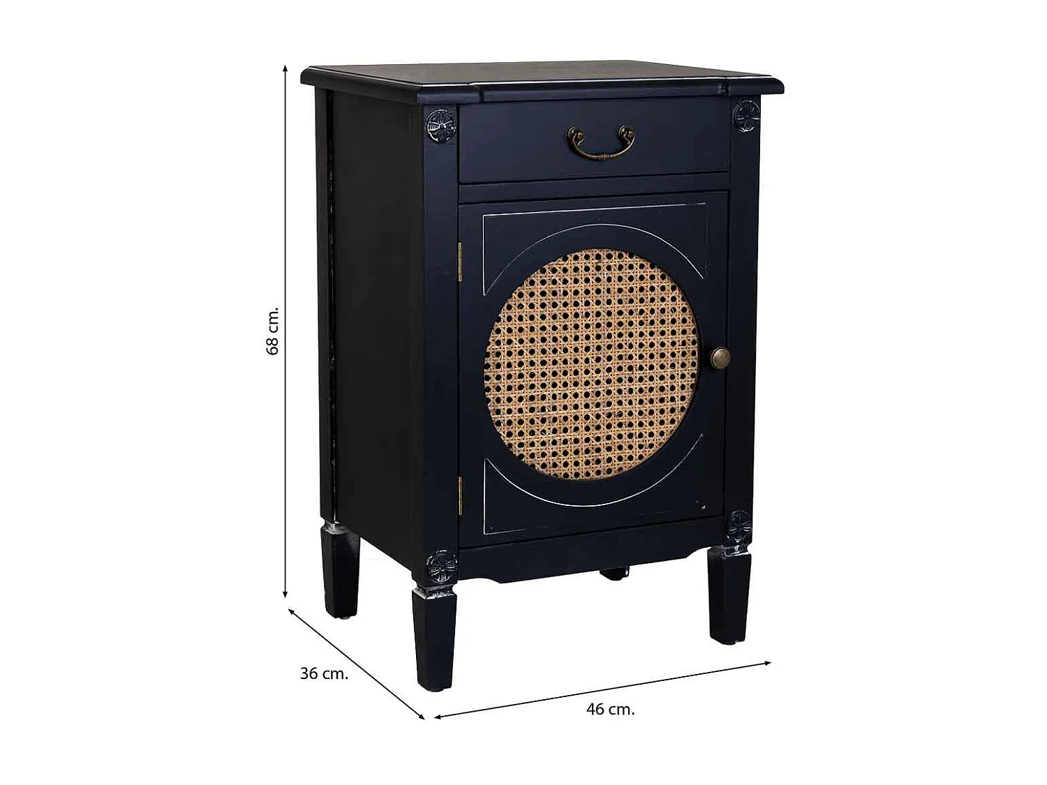 Beistelltisch aus Holz, Schwarz lackiert mit Rattan,  46x36x68h cm